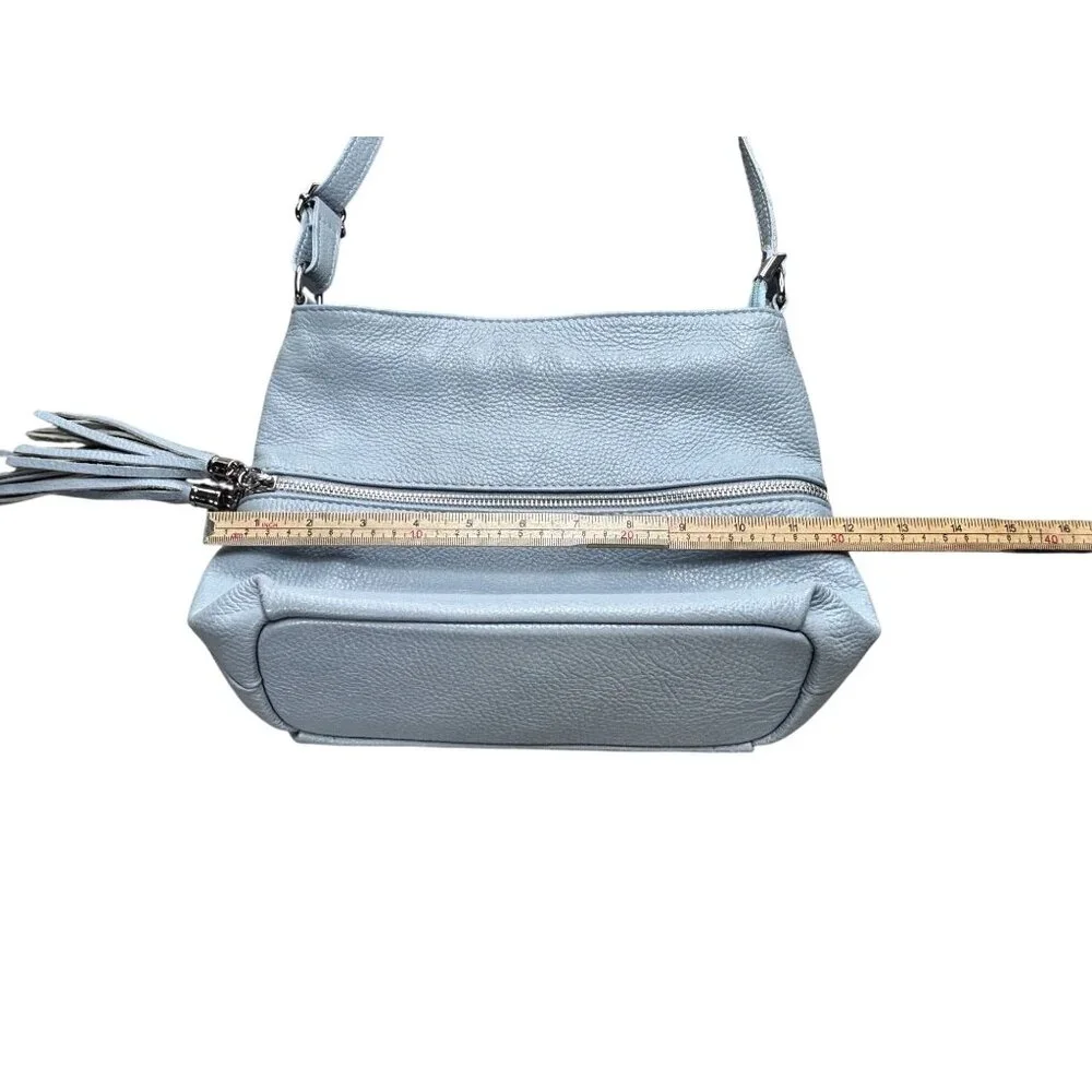 Italian-Made Light Blue Genuine Leather Shoulder Bag With Zip Closure & Tassel - Picture 7 of 9